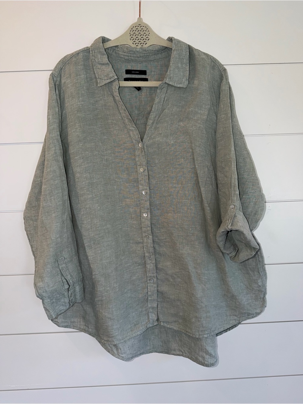 Tahari 100% Linen Shirt 2X Roll Tab Tunic Top Lagenlook Coastal Grandma Sage